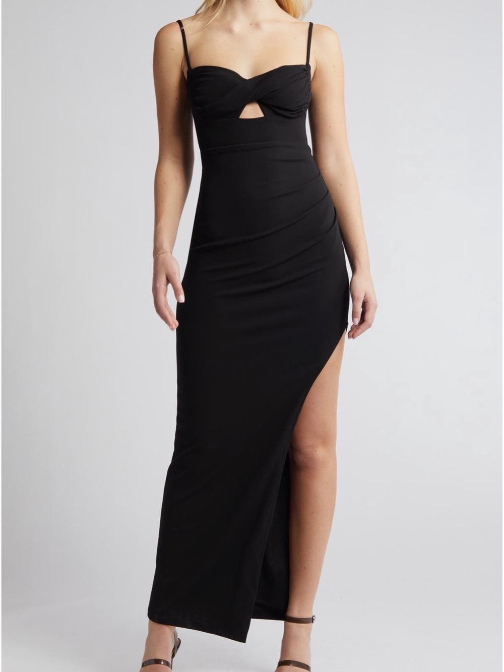 NWT Lulus Black Spaghetti Strap Twist Front Maxi Dress Slit Thigh Size Small
